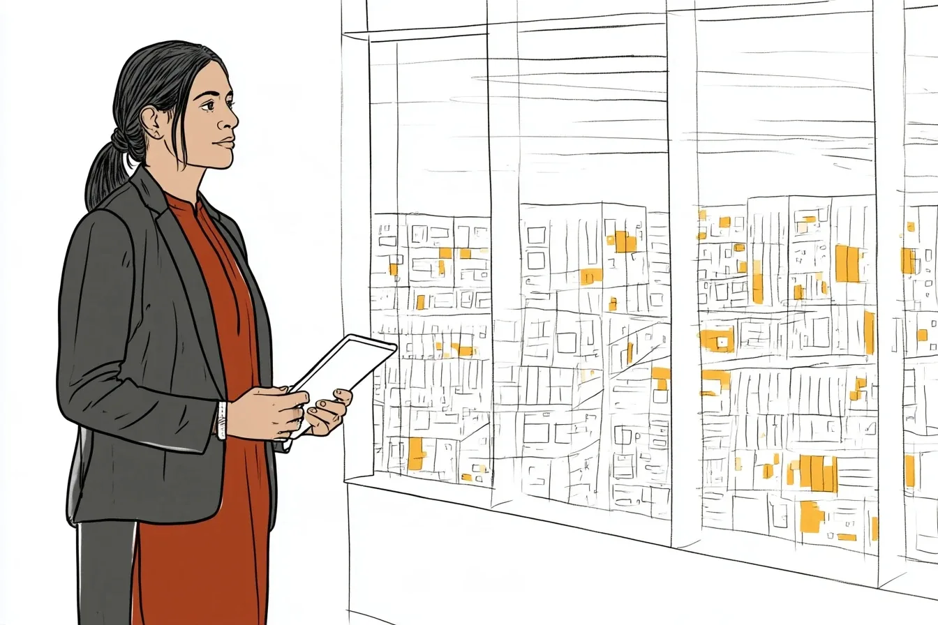 A credit analyst at a glass wall high above a business park at dusk, tablet in hand, hundreds of small office windows outside.