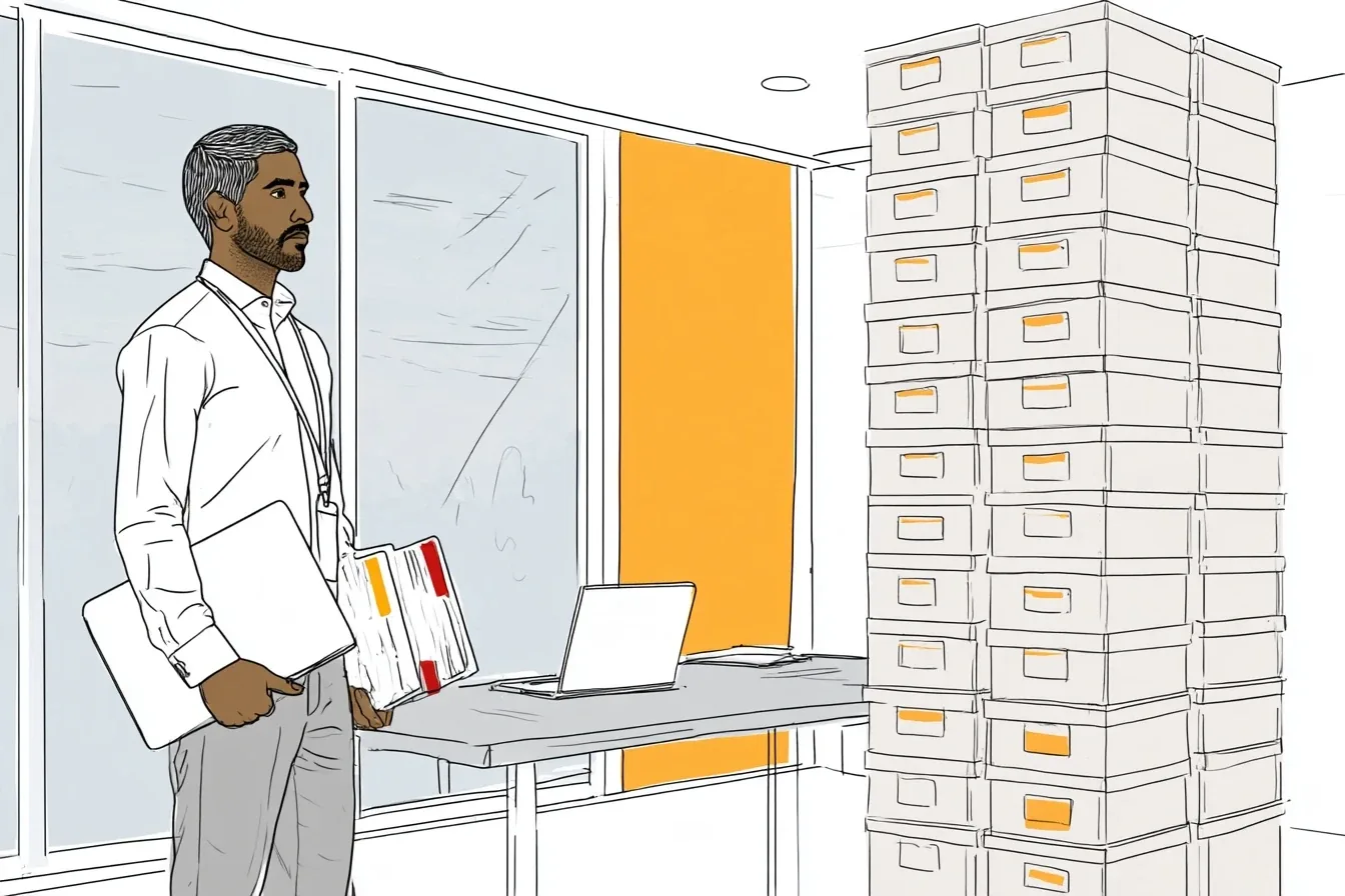 An audit senior in a glass-walled client conference room with a laptop and a flagged voucher file, beside an impossibly tall stack of archive boxes.