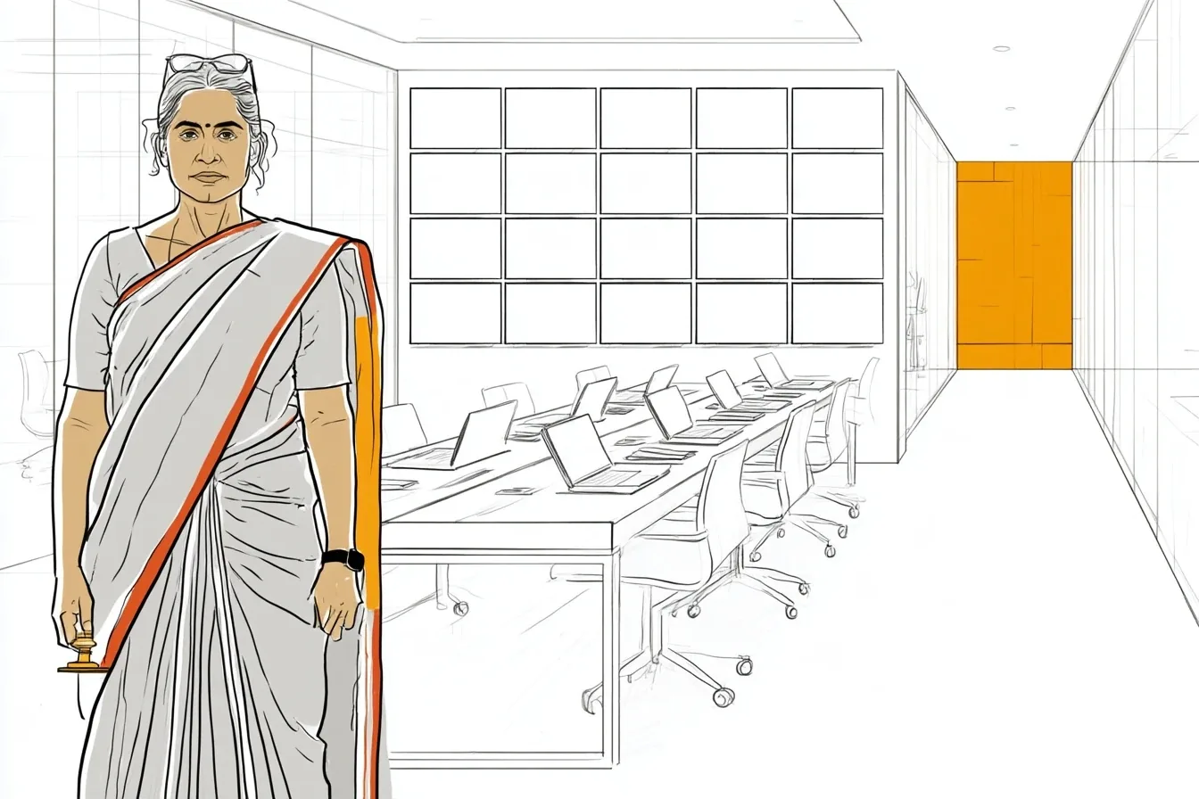 A chartered accountant in a modern practice office, brass approval stamp in hand, a wall screen of sixty client tiles and a long shared table of laptops behind her.