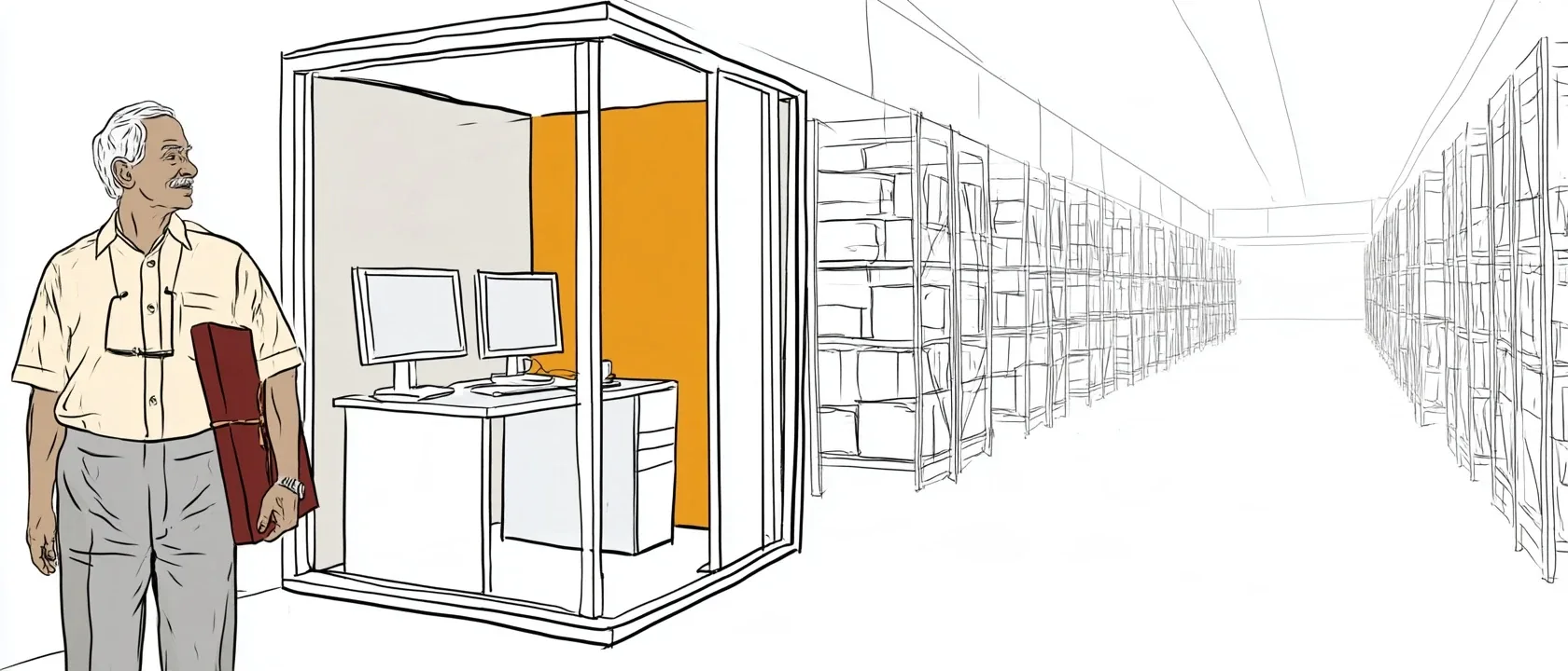 An accountant standing beside a glass-walled office cabin with two monitors, a well-organised warehouse of racking receding behind him.