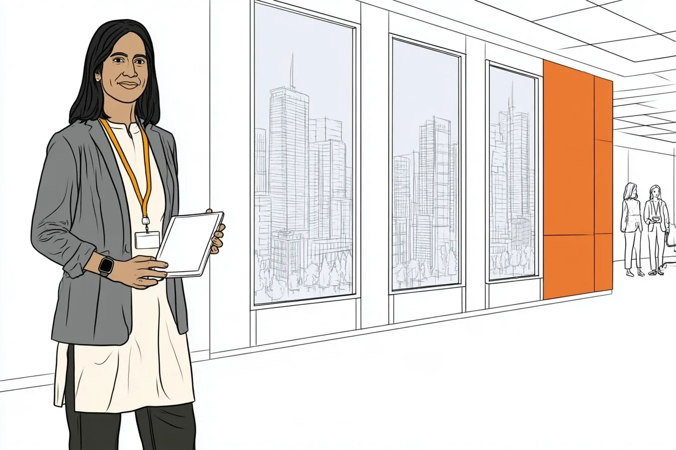 A finance lead in a bright head office holding a tablet, three tall windows behind her each showing a different business-park skyline, colleagues in the distance.