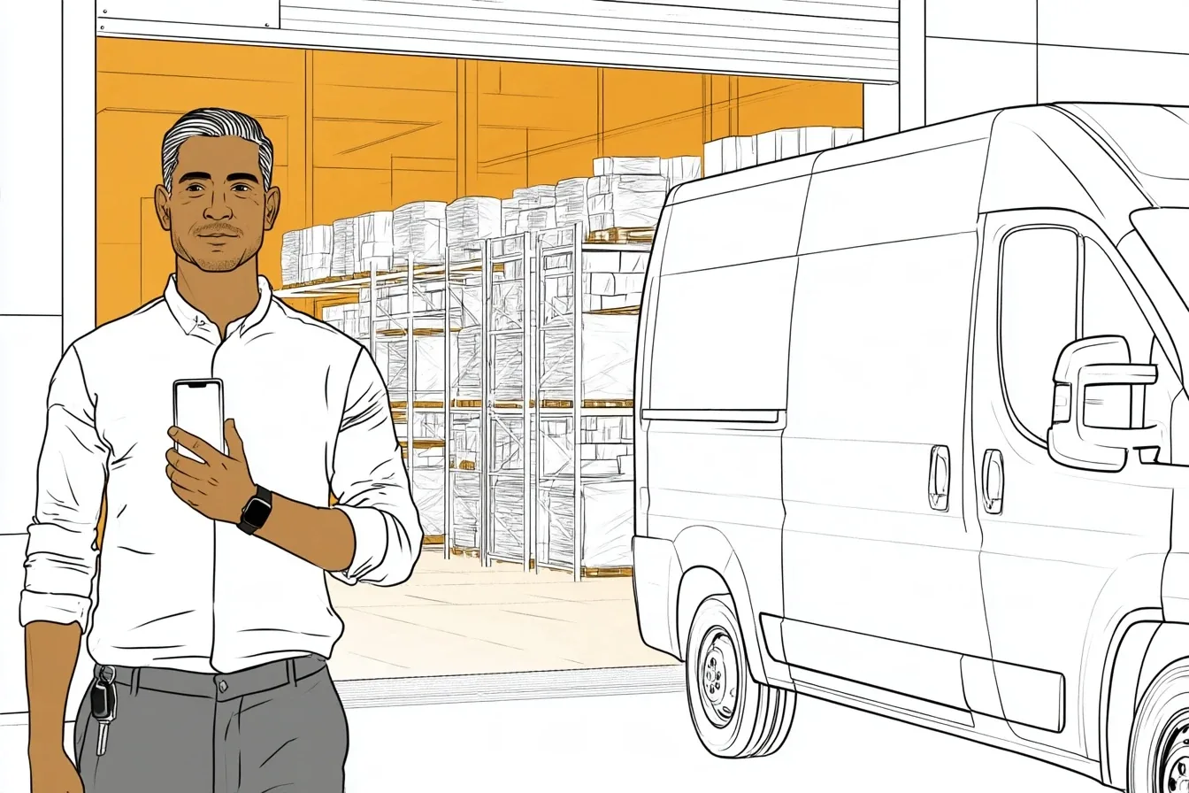 A business owner at the loading bay of a bright modern warehouse, phone in hand, pallet racking and an electric delivery van behind him.